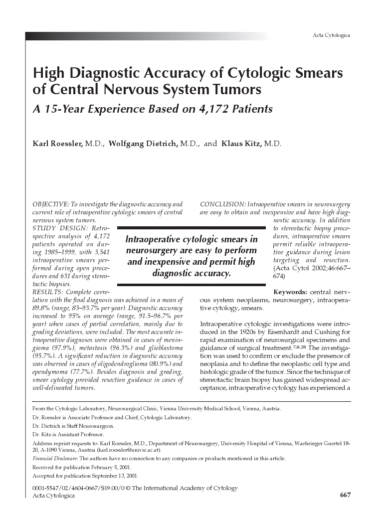 First page of High Diagnostic Accuracy of Cytologic Smears of Central Nervous System Tumors<subtitle>A 15-Year Experience Based on 4,172 Patients</subtitle>