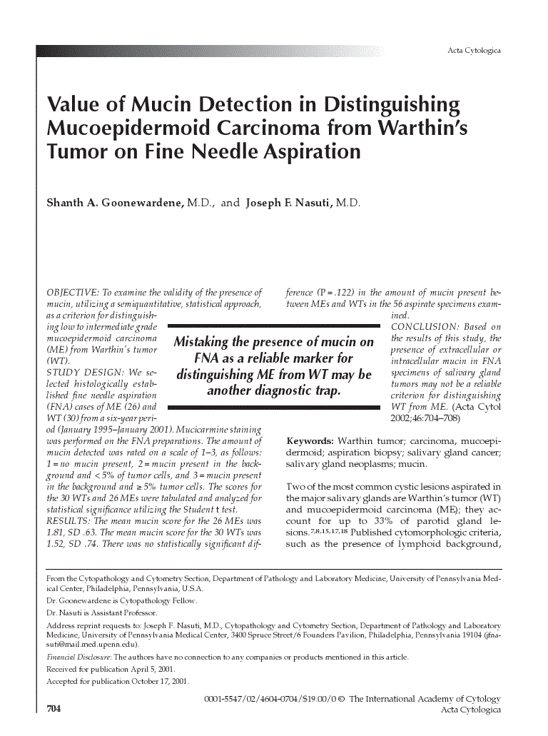 First page of Value of Mucin Detection in Distinguishing Mucoepidermoid Carcinoma from Warthin’s Tumor on Fine Needle Aspiration