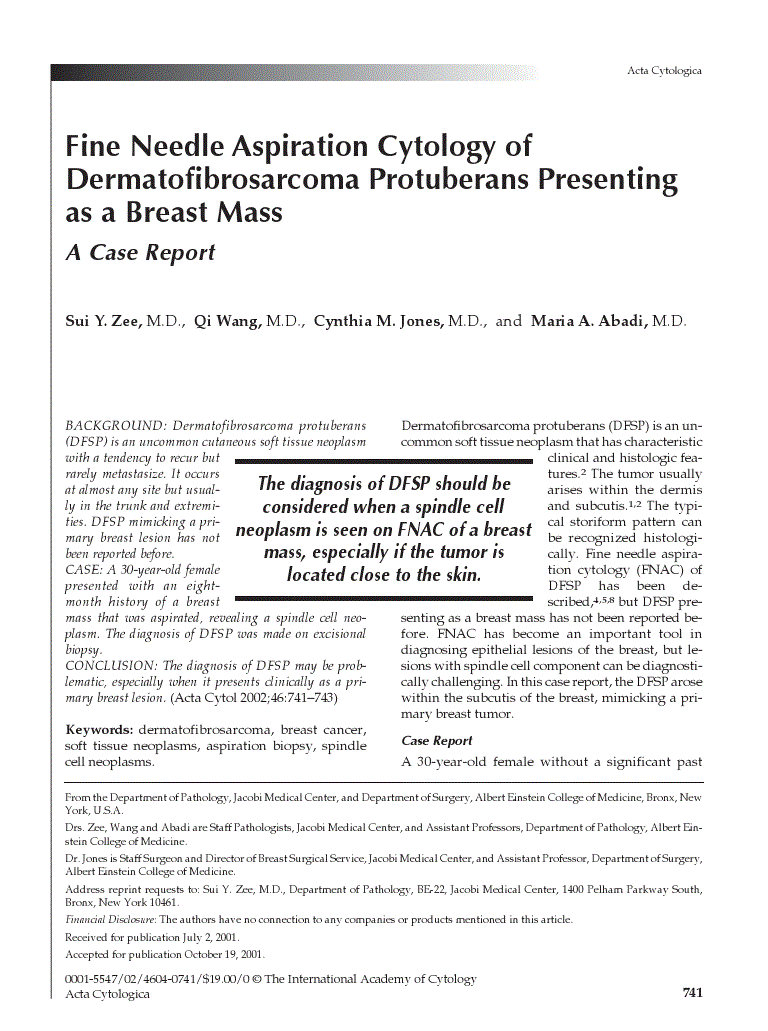 First page of Fine Needle Aspiration Cytology of Dermato.brosarcoma Protuberans Presenting as a Breast Mass<subtitle>A Case Report</subtitle>