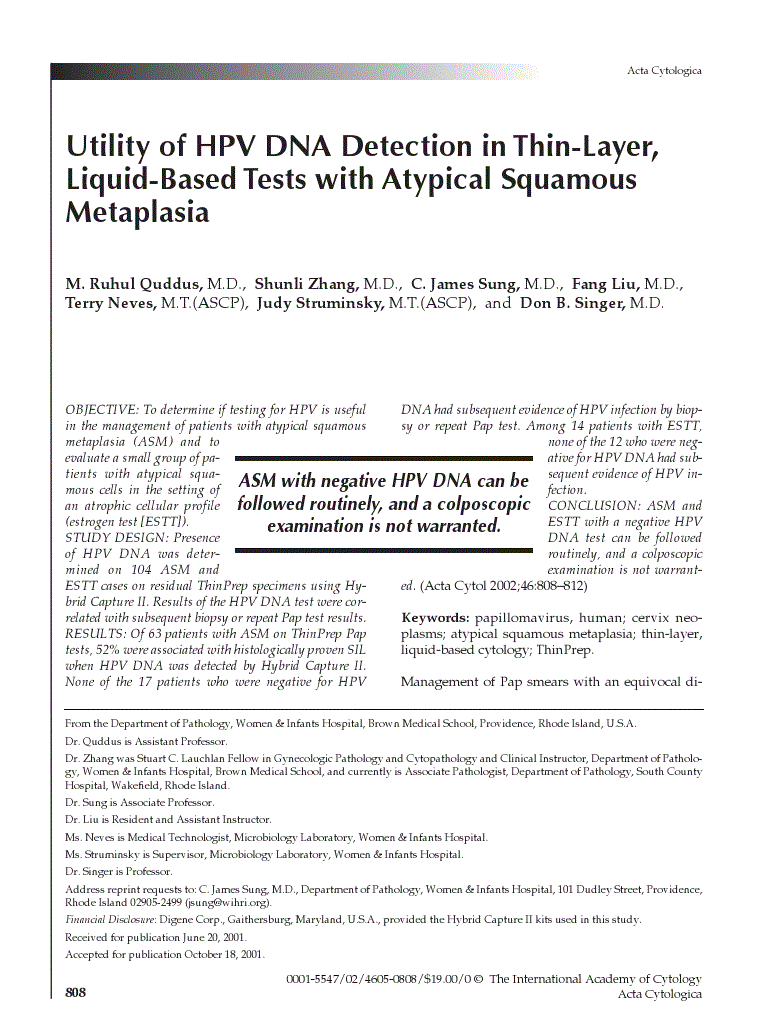 First page of Utility of HPV DNA Detection in Thin-Layer, Liquid-Based Tests with Atypical Squamous Metaplasia