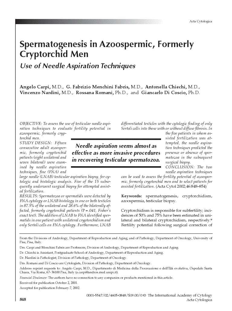 First page of Spermatogenesis in Azoospermic, Formerly Cryptorchid Men<subtitle>Use of Needle Aspiration Techniques</subtitle>