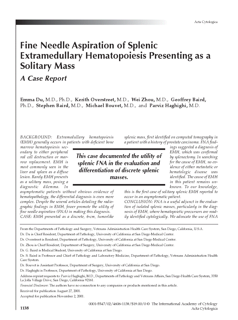 First page of Fine Needle Aspiration of Splenic Extramedullary Hematopoiesis Presenting as a Solitary Mass<subtitle>A Case Report</subtitle>