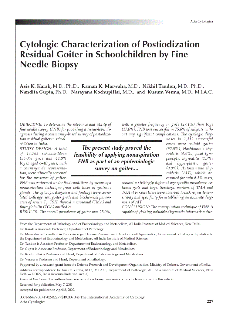 First page of Cytologic Characterization of Postiodization Residual Goiter in Schoolchildren by Fine Needle Biopsy