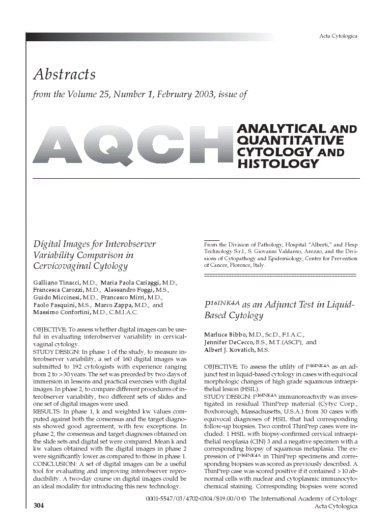 First page of Analytical And Quantitativecytology And Histology From The Volume 25, Number 1, February 2003