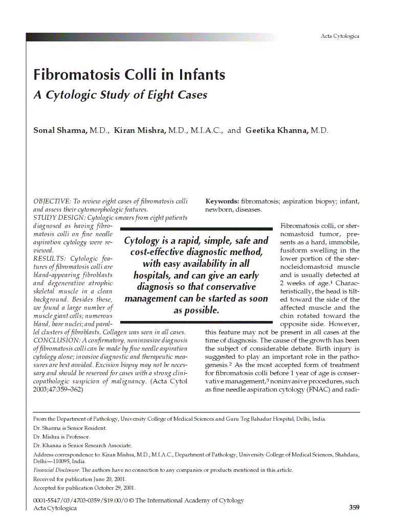 First page of Fibromatosis Colli in Infants<subtitle>A Cytologic Study of Eight Cases</subtitle>
