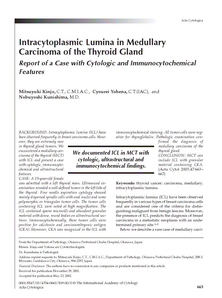 First page of Intracytoplasmic Lumina in Medullary Carcinoma of the Thyroid Gland<subtitle>Report of a Case with Cytologic and Immunocytochemical Features</subtitle>