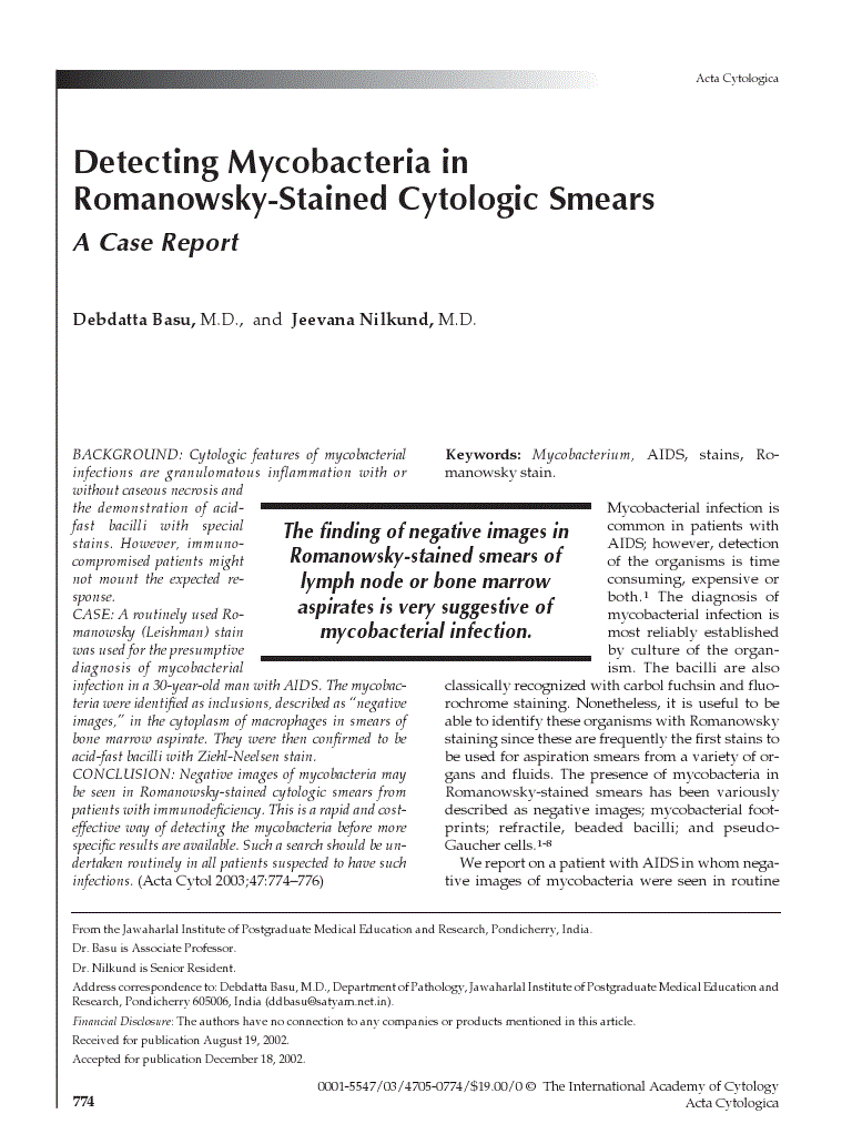 First page of Detecting Mycobacteria in Romanowsky-Stained Cytologic Smears<subtitle>A Case Report</subtitle>