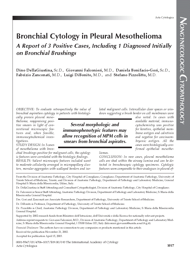 First page of Bronchial Cytology in Pleural Mesothelioma<subtitle>A Report of 3 Positive Cases, Including 1 Diagnosed Initially on Bronchial Brushings</subtitle>