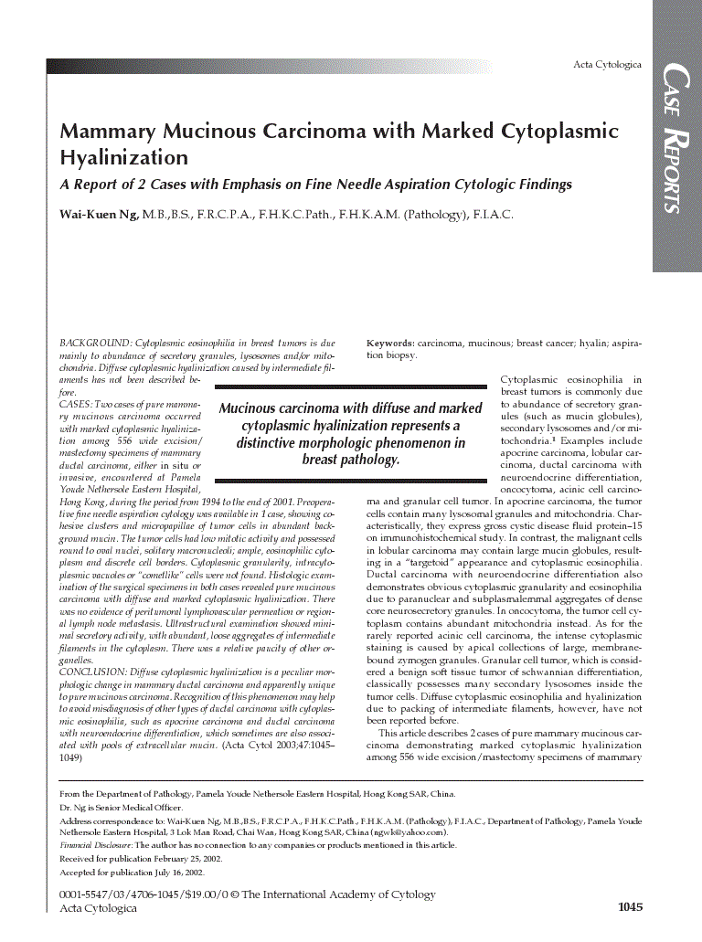 First page of Mammary Mucinous Carcinoma with Marked Cytoplasmic Hyalinization<subtitle>A Report of 2 Cases with Emphasis on Fine Needle Aspiration Cytologic Findings</subtitle>