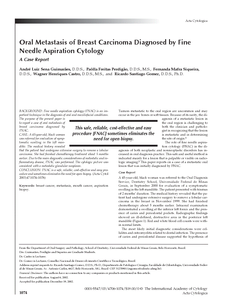 First page of Oral Metastasis of Breast Carcinoma Diagnosed by Fine Needle Aspiration Cytology<subtitle>A Case Report</subtitle>