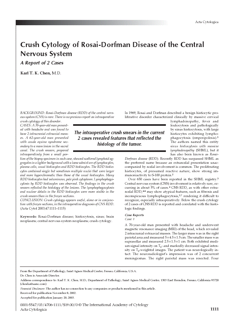 First page of Crush Cytology of Rosai-Dorfman Disease of the Central Nervous System<subtitle>A Report of 2 Cases</subtitle>