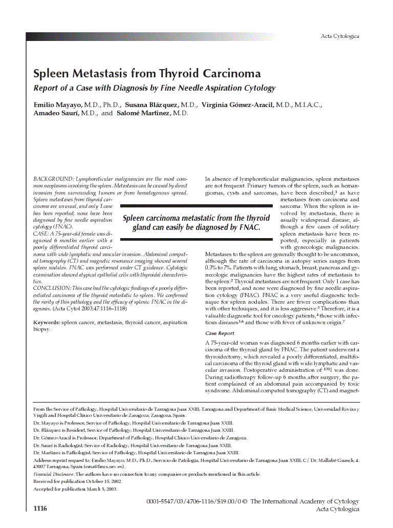First page of Spleen Metastasis from Thyroid Carcinoma<subtitle>Report of a Case with Diagnosis by Fine Needle Aspiration Cytology</subtitle>
