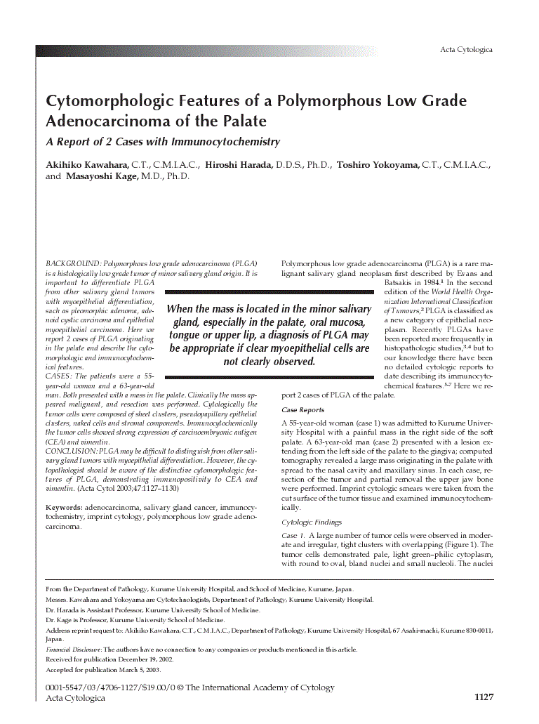 First page of Cytomorphologic Features of a Polymorphous Low Grade Adenocarcinoma of the Palate<subtitle>A Report of 2 Cases with Immunocytochemistry</subtitle>