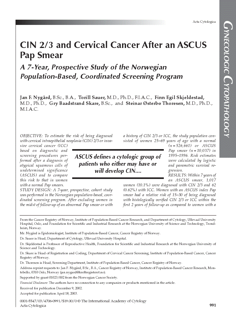 First page of CIN 2/3 and Cervical Cancer After an ASCUS Pap Smear<subtitle>A 7-Year, Prospective Study of the Norwegian Population-Based, Coordinated Screening Program</subtitle>