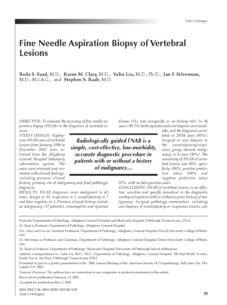 First page of Fine Needle Aspiration Biopsy of Vertebral Lesions