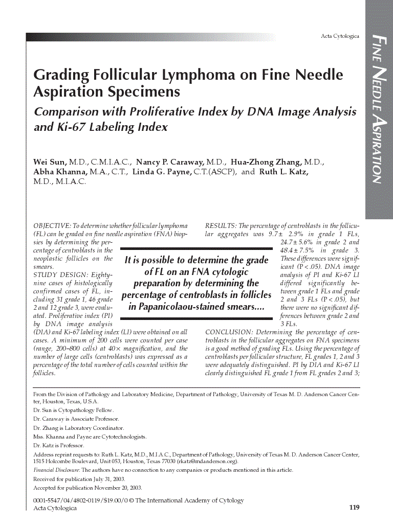 First page of Grading Follicular Lymphoma on Fine Needle Aspiration Specimens<subtitle>Comparison with Proliferative Index by DNA Image Analysis and Ki-67 Labeling Index</subtitle>