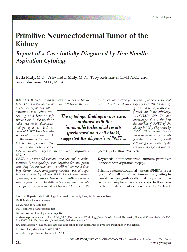 First page of Primitive Neuroectodermal Tumor of the Kidney<subtitle>Report of a Case Initially Diagnosed by Fine Needle Aspiration Cytology</subtitle>