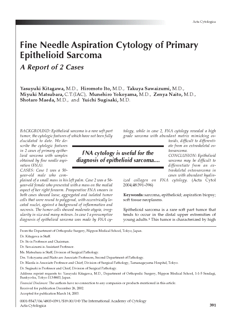 First page of Fine Needle Aspiration Cytology of Primary Epithelioid Sarcoma<subtitle>A Report of 2 Cases</subtitle>