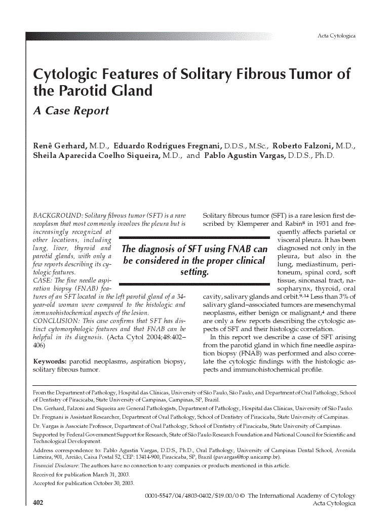 First page of Cytologic Features of Solitary Fibrous Tumor of the Parotid Gland<subtitle>A Case Report</subtitle>