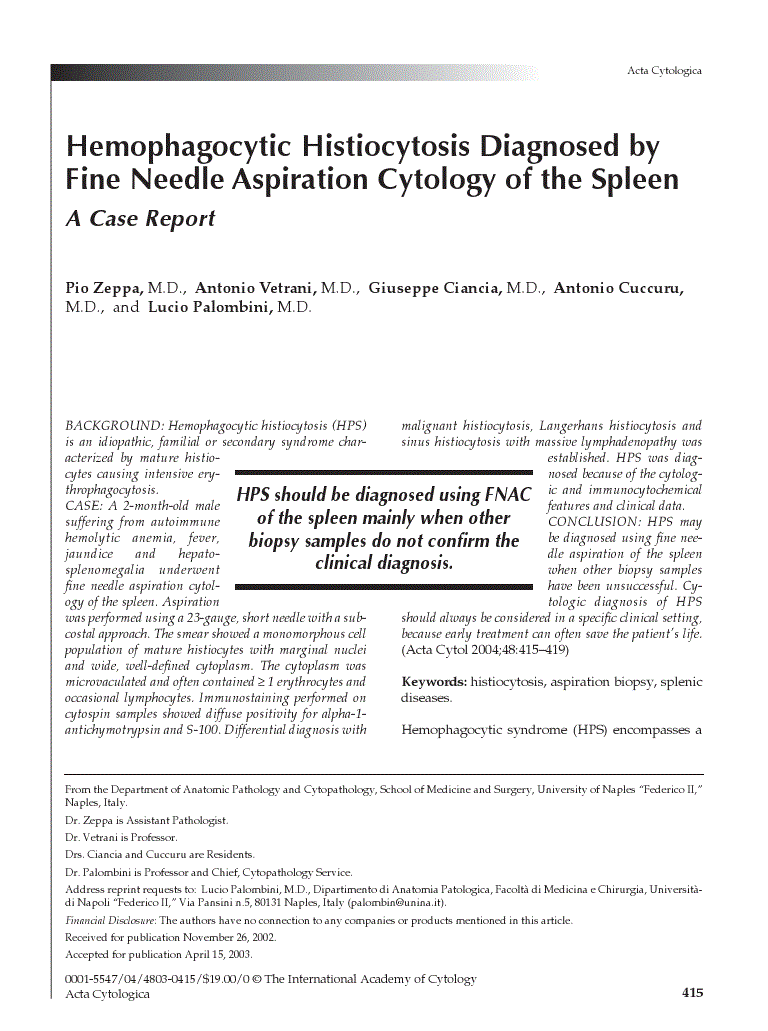 First page of Hemophagocytic Histiocytosis Diagnosed by Fine Needle Aspiration Cytology of the Spleen<subtitle>A Case Report</subtitle>