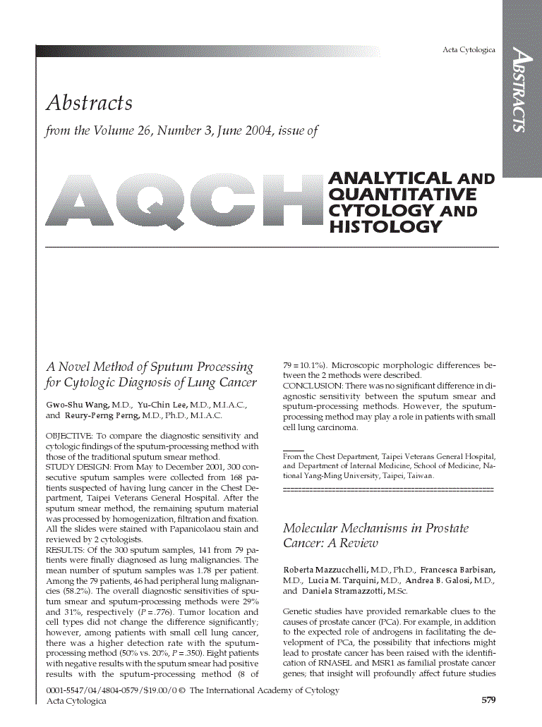 First page of Analytical And Quantitativecytology And Histology From The Volume 26, Number 3, June 2004