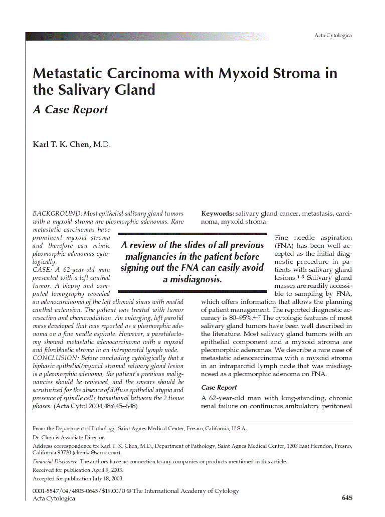 First page of Metastatic Carcinoma with Myxoid Stroma in the Salivary Gland<subtitle>A Case Report</subtitle>