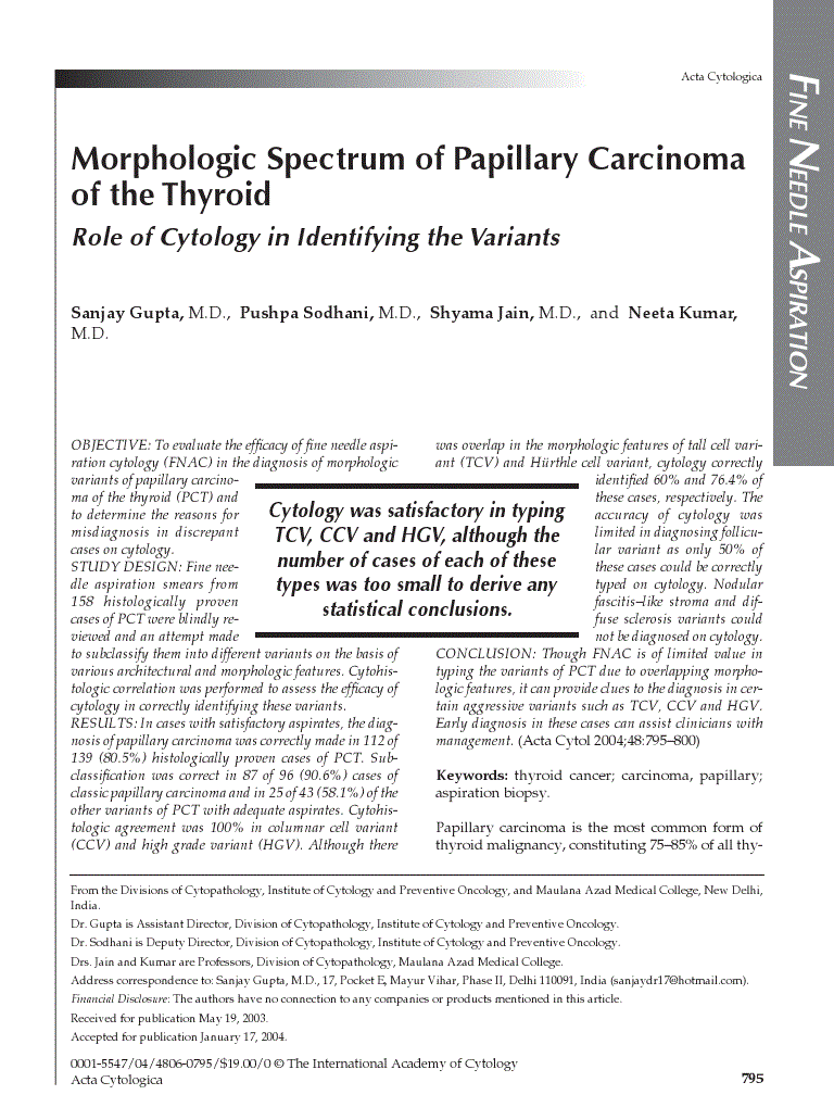 First page of Morphologic Spectrum of Papillary Carcinoma of the Thyroid<subtitle>Role of Cytology in Identifying the Variants</subtitle>