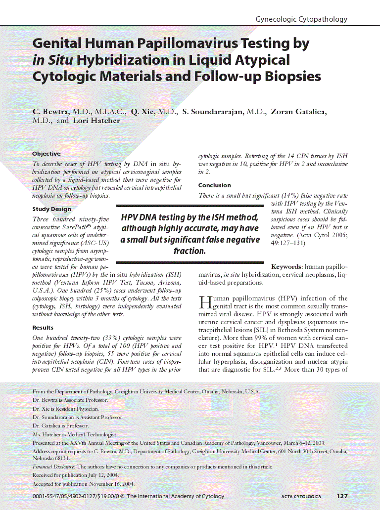 First page of Genital Human Papillomavirus Testing by in Situ Hybridization in Liquid Atypical Cytologic Materials and Follow-up Biopsies