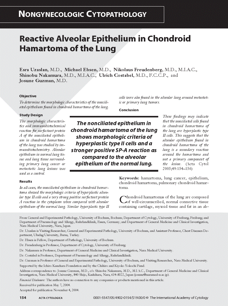First page of Reactive Alveolar Epithelium in Chondroid Hamartoma of the Lung