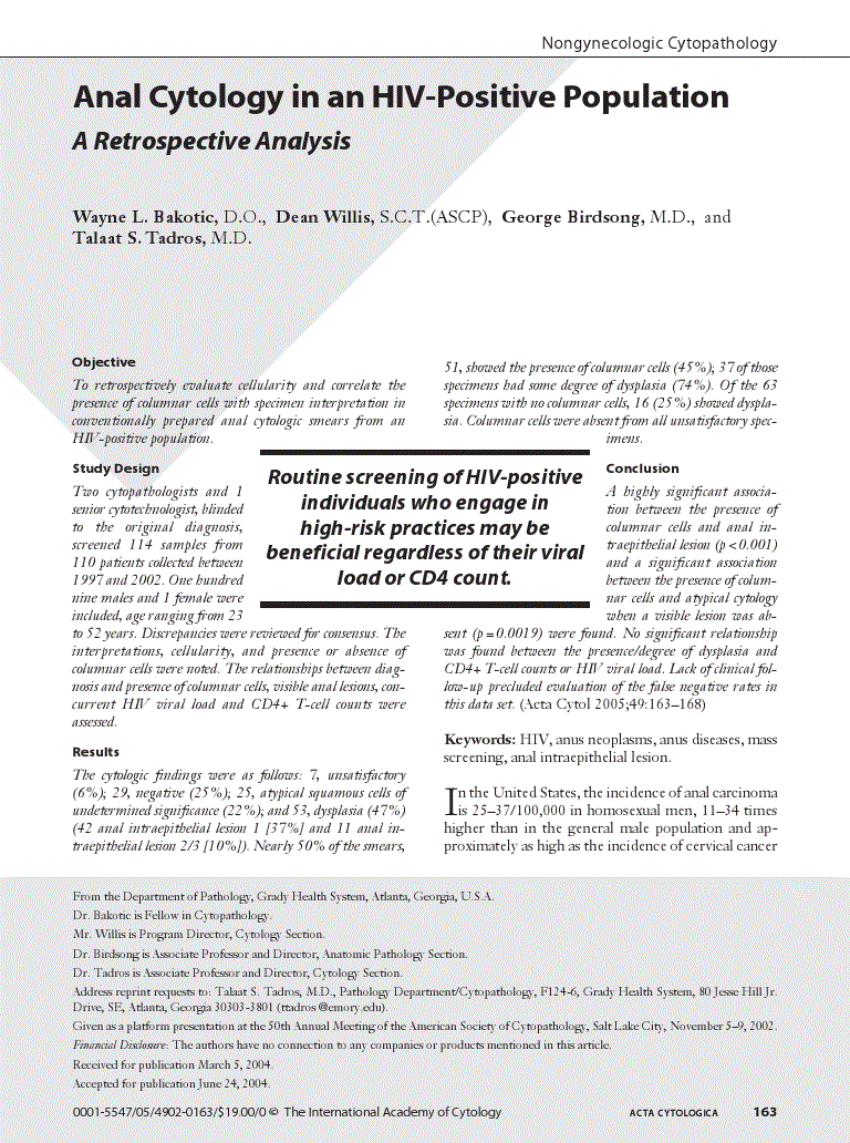 First page of Anal Cytology in an HIV-Positive Population<subtitle>A Retrospective Analysis</subtitle>
