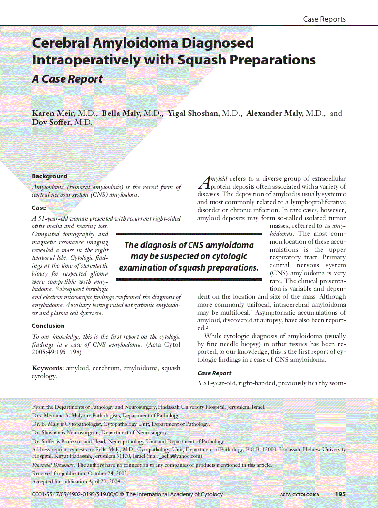 First page of Cerebral Amyloidoma Diagnosed Intraoperatively with Squash Preparations<subtitle>A Case Report</subtitle>
