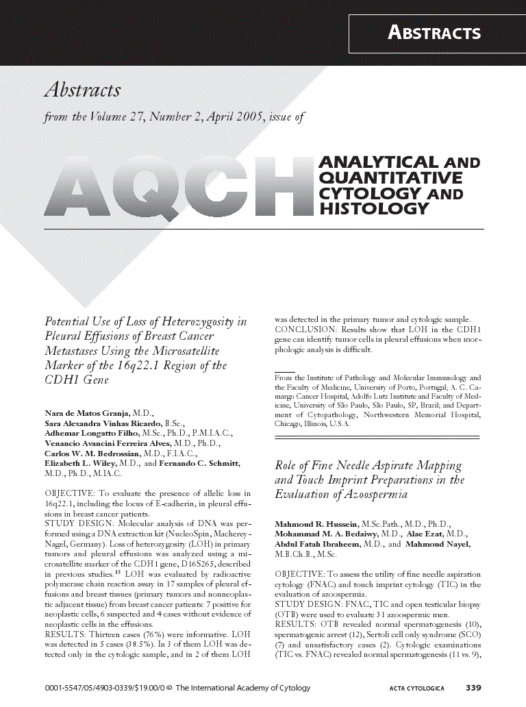 First page of Analytical And Quantitativecytology And Histology From The Volume 27, Number 2, April 2005