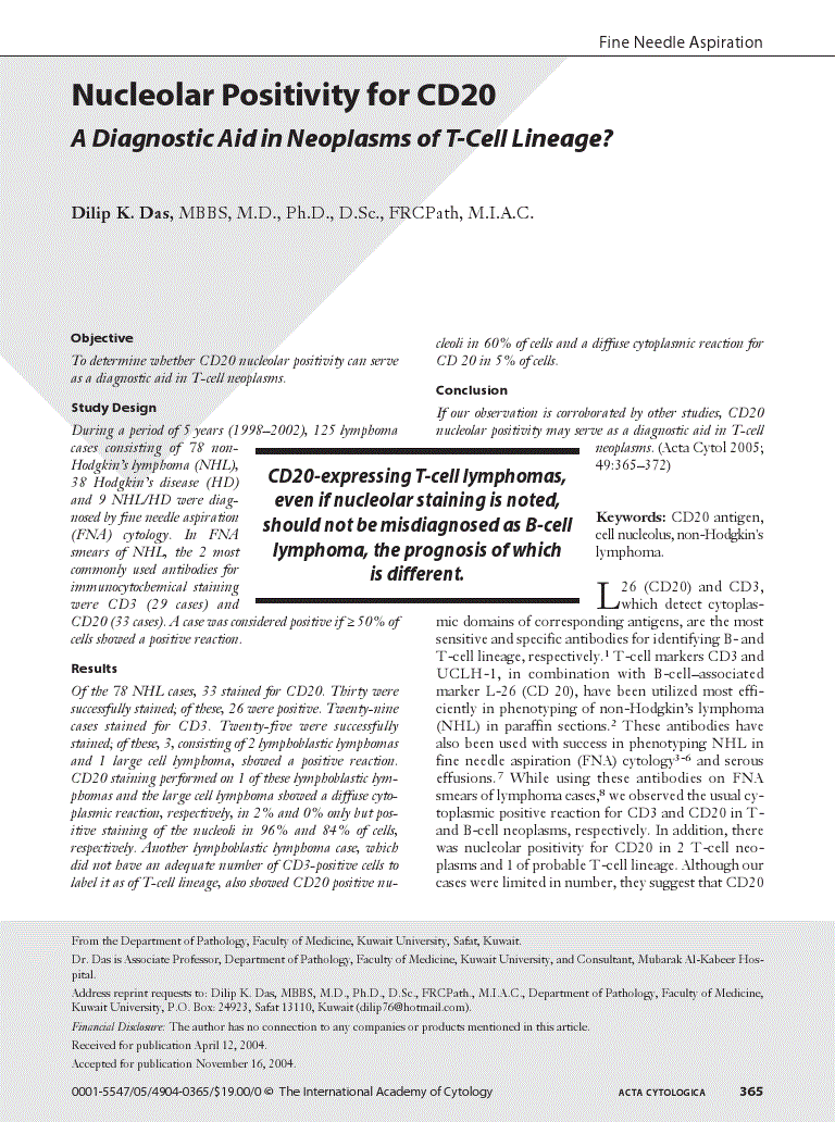 First page of Nucleolar Positivity for CD20<subtitle>A Diagnostic Aid in Neoplasms of T-Cell Lineage?</subtitle>