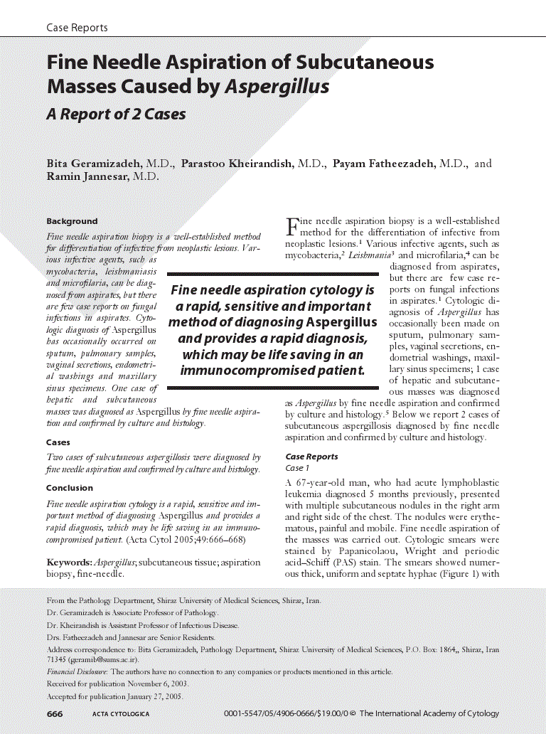First page of Fine Needle Aspiration of Subcutaneous Masses Caused by Aspergillus<subtitle>A Report of 2 Cases</subtitle>