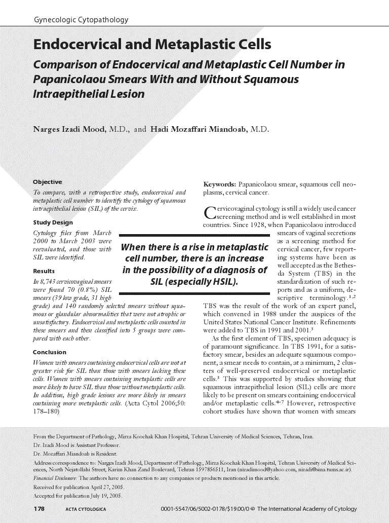 First page of Endocervical and Metaplastic Cells<subtitle>Comparison of Endocervical and Metaplastic Cell Number in Papanicolaou Smears With and Without Squamous Intraepithelial Lesion</subtitle>