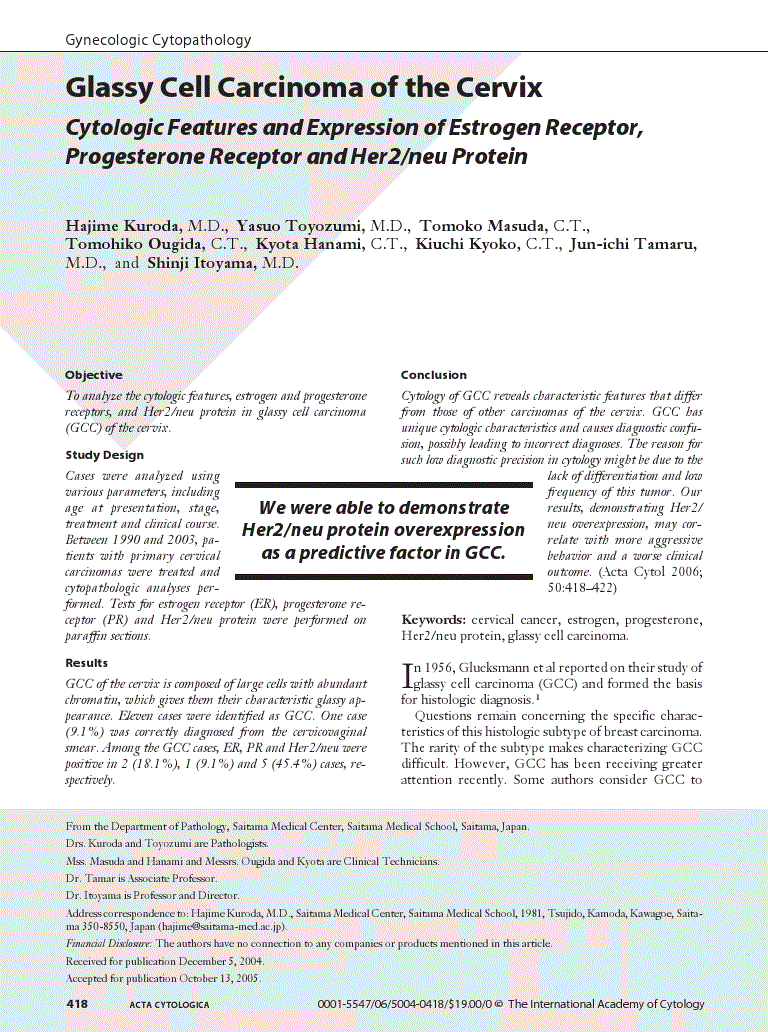 First page of Glassy Cell Carcinoma of the Cervix<subtitle>Cytologic Features and Expression of Estrogen Receptor, Progesterone Receptor and Her2/neu Protein</subtitle>
