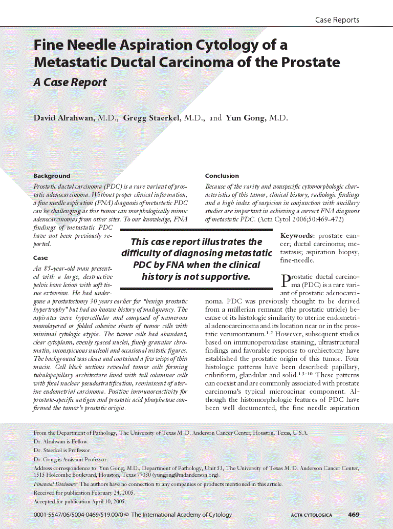 First page of Fine Needle Aspiration Cytology of a Metastatic Ductal Carcinoma of the Prostate<subtitle>A Case Report</subtitle>