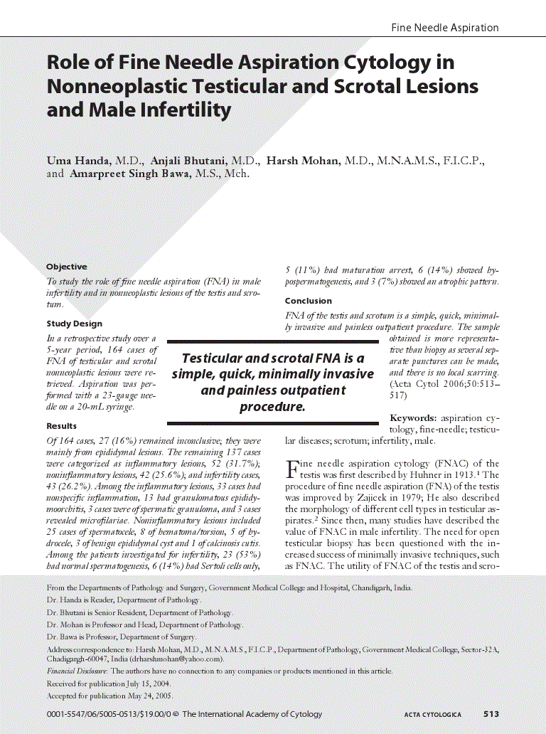 First page of Role of Fine Needle Aspiration Cytology in Nonneoplastic Testicular and Scrotal Lesions and Male Infertility