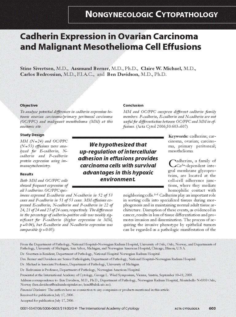 First page of Cadherin Expression in Ovarian Carcinoma and Malignant Mesothelioma Cell Effusions