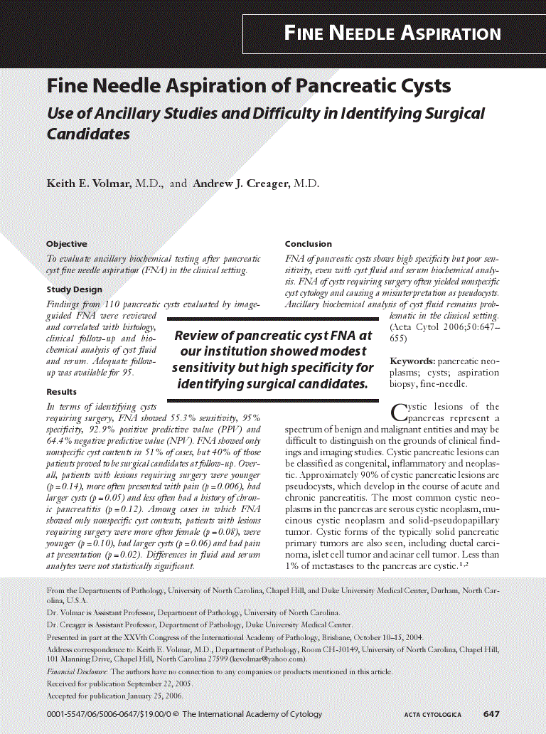 First page of Fine Needle Aspiration of Pancreatic Cysts<subtitle>Use of Ancillary Studies and Difficulty in Identifying Surgical Candidates</subtitle>