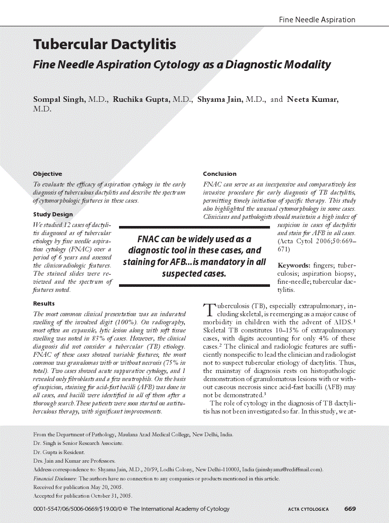 First page of Tubercular Dactylitis<subtitle>Fine Needle Aspiration Cytology as a Diagnostic Modality</subtitle>