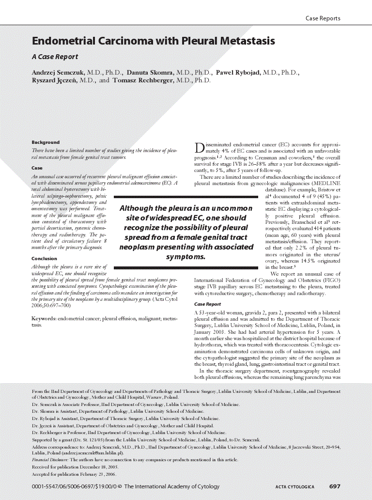 First page of Endometrial Carcinoma with Pleural Metastasis<subtitle>A Case Report</subtitle>