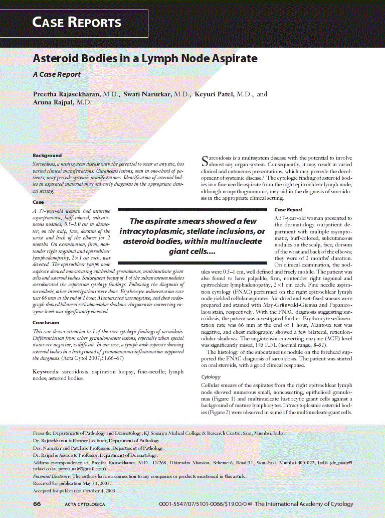 First page of Asteroid Bodies in a Lymph Node Aspirate<subtitle>A Case Report</subtitle>