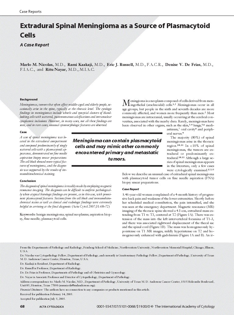 First page of Extradural Spinal Meningioma as a Source of Plasmacytoid Cells<subtitle>A Case Report</subtitle>