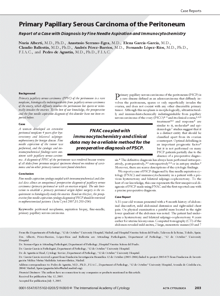 First page of Primary Papillary Serous Carcinoma of the Peritoneum<subtitle>Report of a Case with Diagnosis by Fine Needle Aspiration and Immunocytochemistry</subtitle>