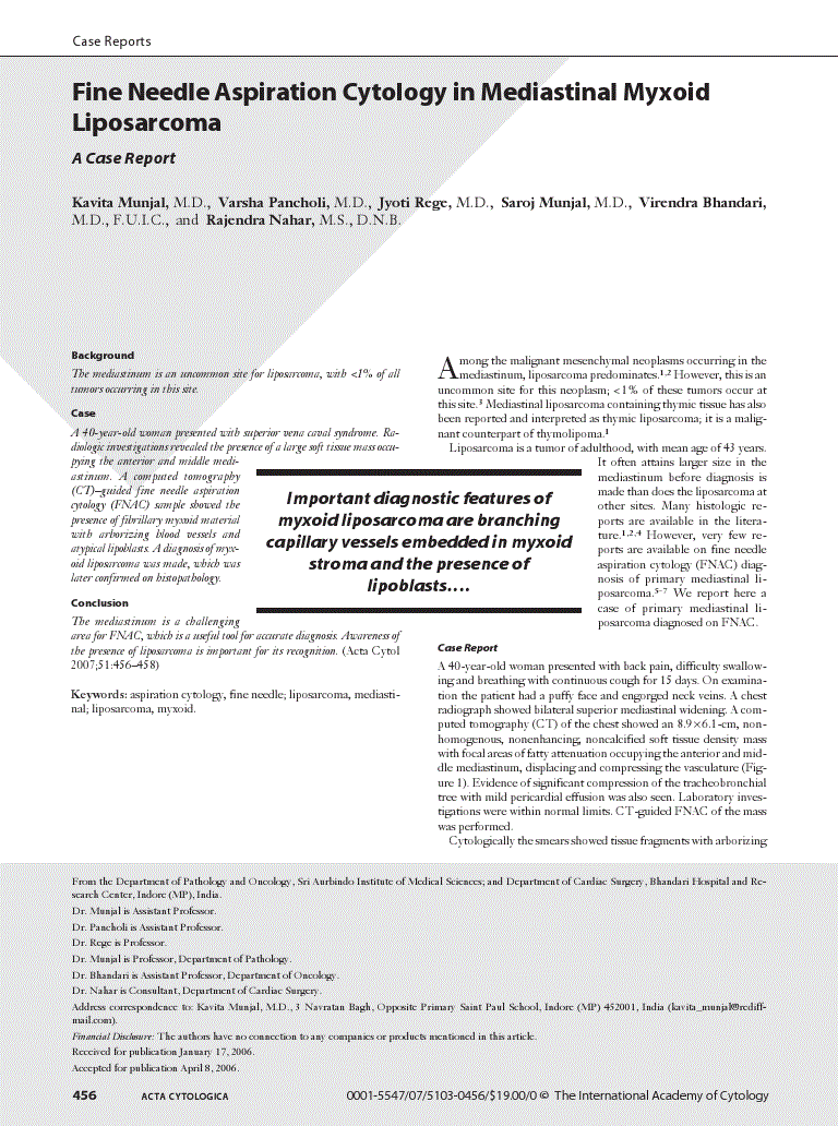 First page of Fine Needle Aspiration Cytology in Mediastinal Myxoid Liposarcoma<subtitle>A Case Report</subtitle>