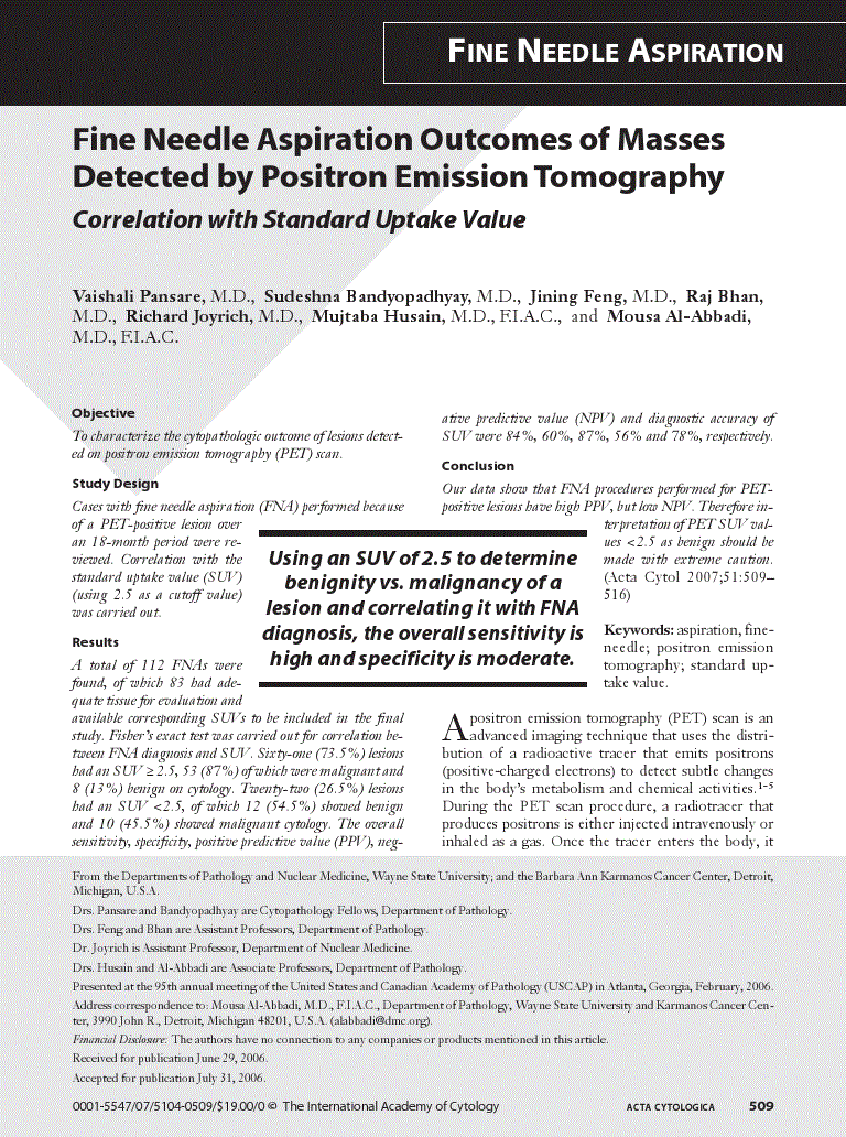 First page of Fine Needle Aspiration Outcomes of Masses Detected by Positron Emission Tomography<subtitle>Correlation with Standard Uptake Value</subtitle>