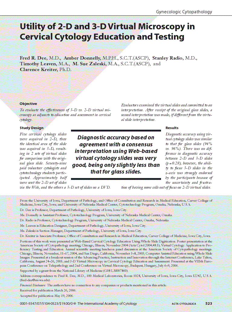 First page of Utility of 2-D and 3-D Virtual Microscopy in Cervical Cytology Education and Testing