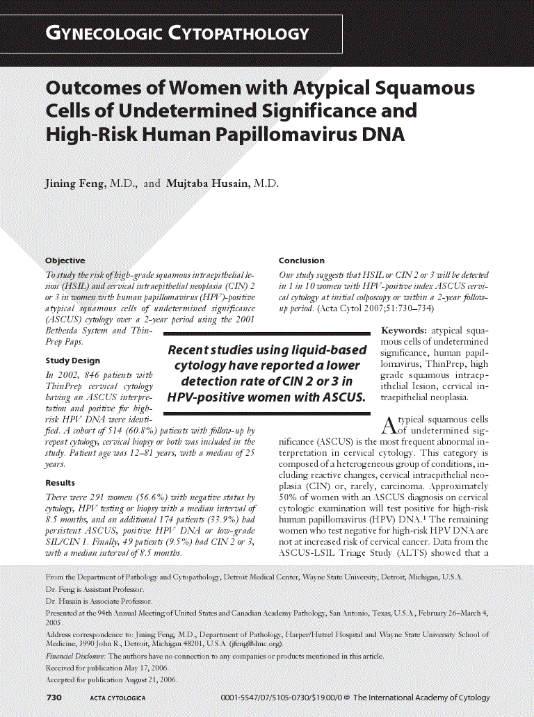 First page of Outcomes of Women with Atypical Squamous Cells of Undetermined Significance and High-Risk Human Papillomavirus DNA
