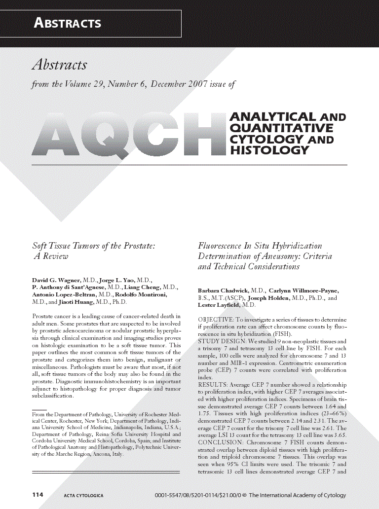 First page of Analytical And Quantitativecytology And Histology From The Volume 29, Number 6, December 2007